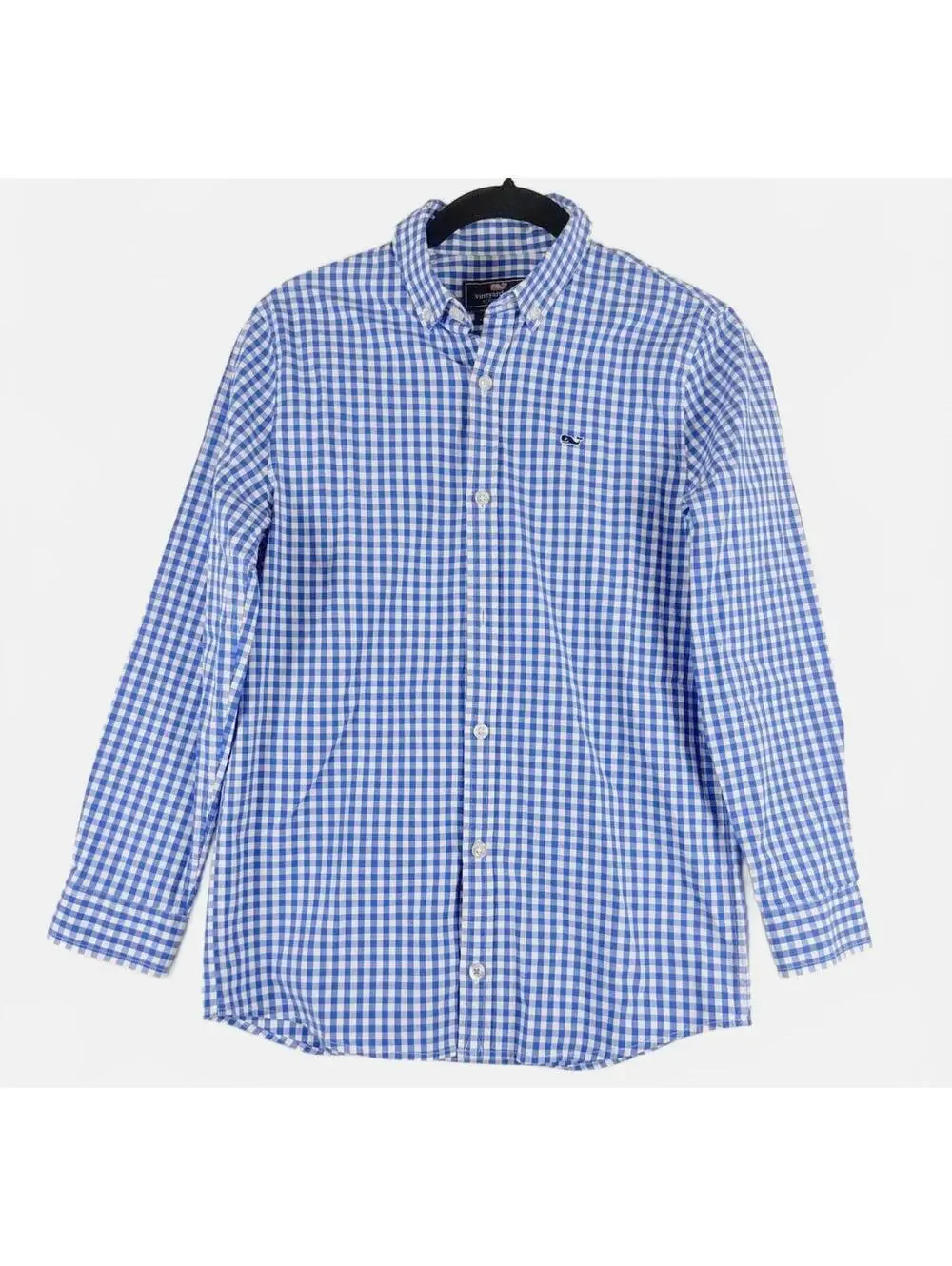 Vineyard Vines Boys Whale Shirt Blue Gingham Button Down Long Sleeve Med (12-14)